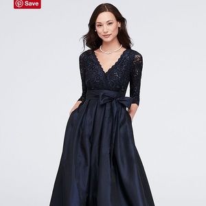lace and taffeta surplice ball gown
